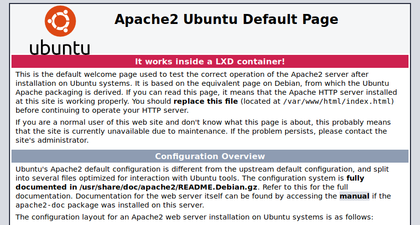 Web page of Apache server running in a container. Web page of Apache server running in a container