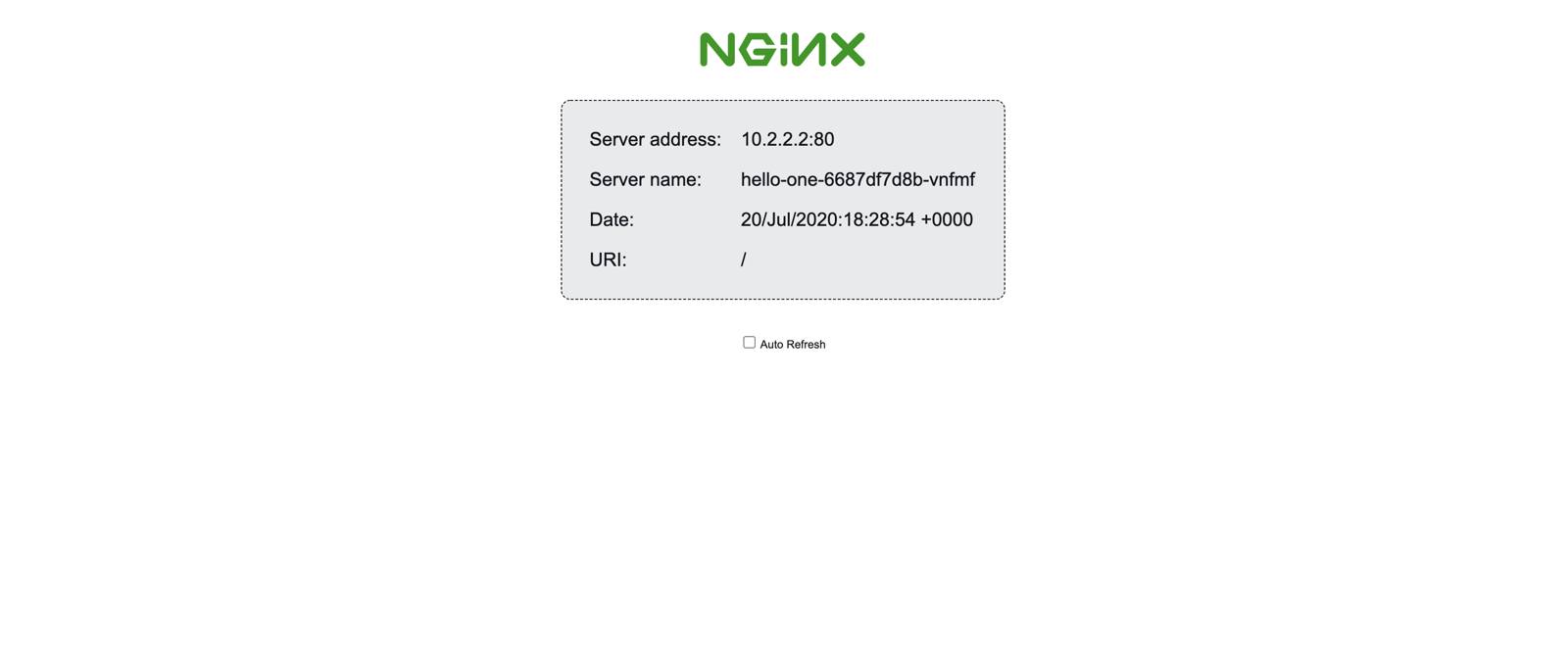 The NGINX demo page loads with information about the Pod being used to serve your request The NGINX demo page loads with information about the Pod being used to serve your request