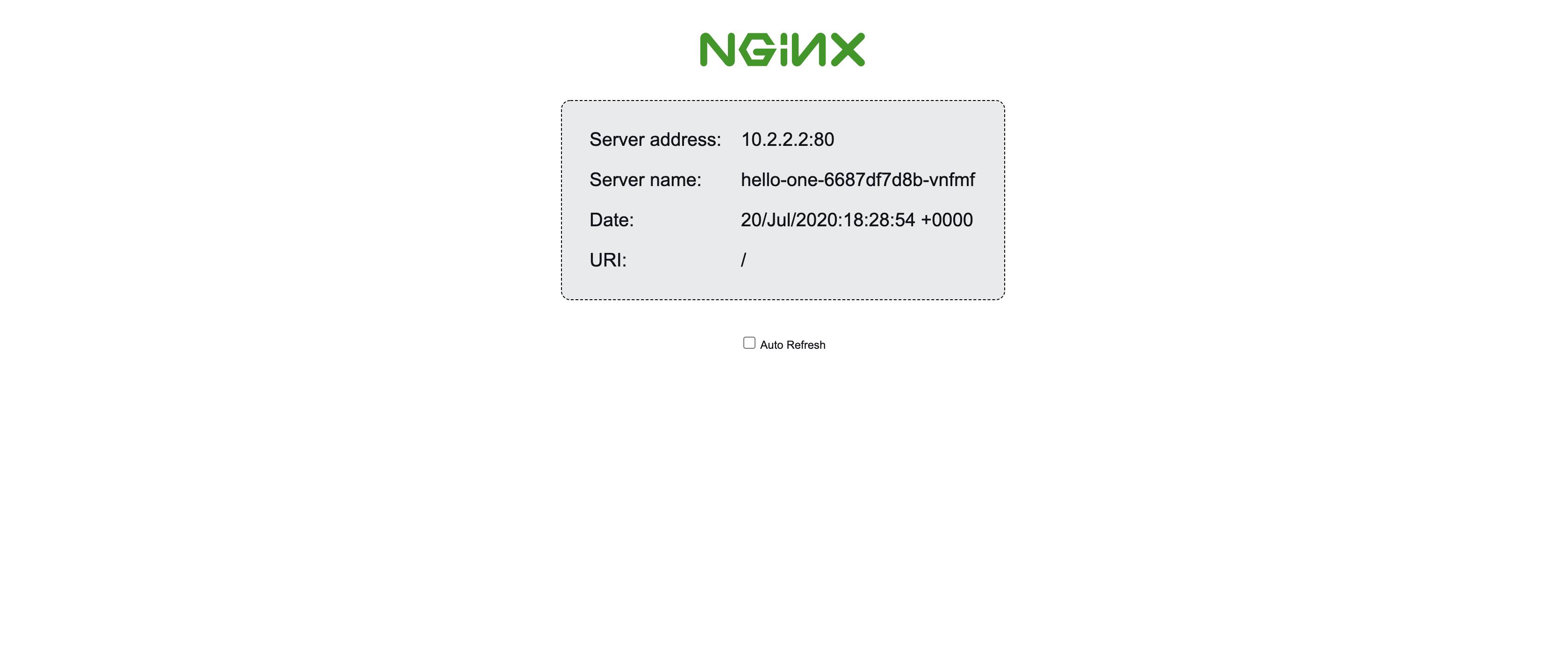 The NGINX demo page loads with information about the Pod being used to serve your request The NGINX demo page loads with information about the Pod being used to serve your request