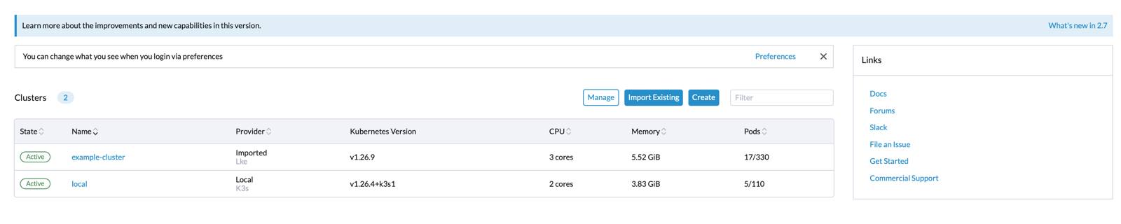 New cluster listed in global home page, cluster name highlighted Rancher home page - new cluster highlighted