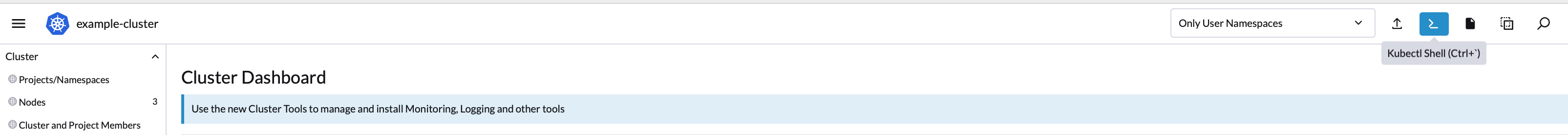 Rancher cluster dashboard - kubectl button highlighted Rancher cluster dashboard - kubectl button highlighted