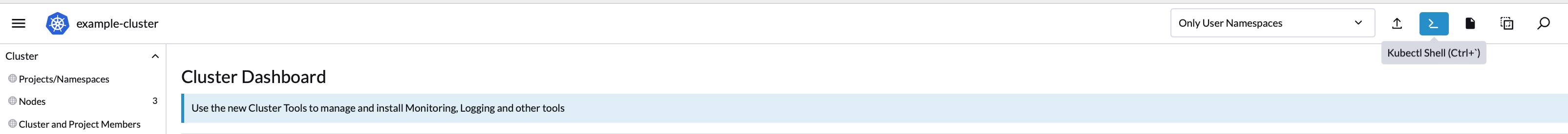 Rancher cluster dashboard - kubectl button highlighted Rancher cluster dashboard - kubectl button highlighted