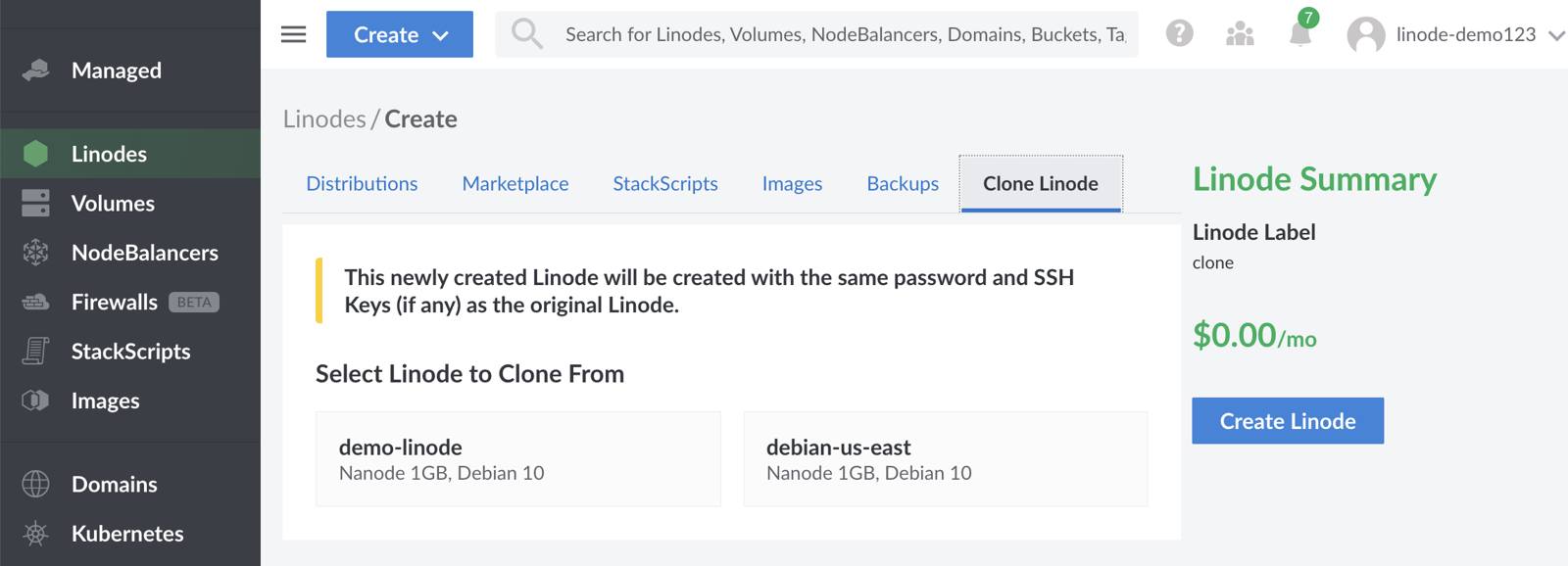Select the ‘Clone Linode’ tab to clone an existing Linode. Select the ‘Clone Linode’ tab to clone an existing Linode.