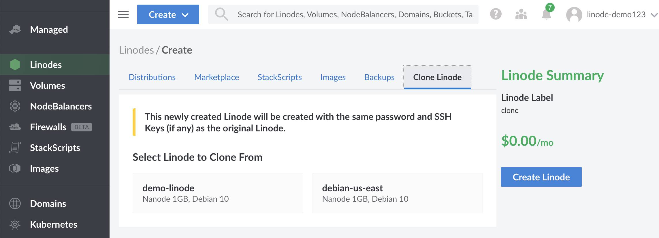 Select the ‘Clone Linode’ tab to clone an existing Linode. Select the ‘Clone Linode’ tab to clone an existing Linode.