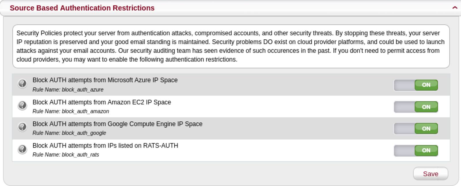Source Based Authentication Restrictions Screenshot of source based authentication restrictions page