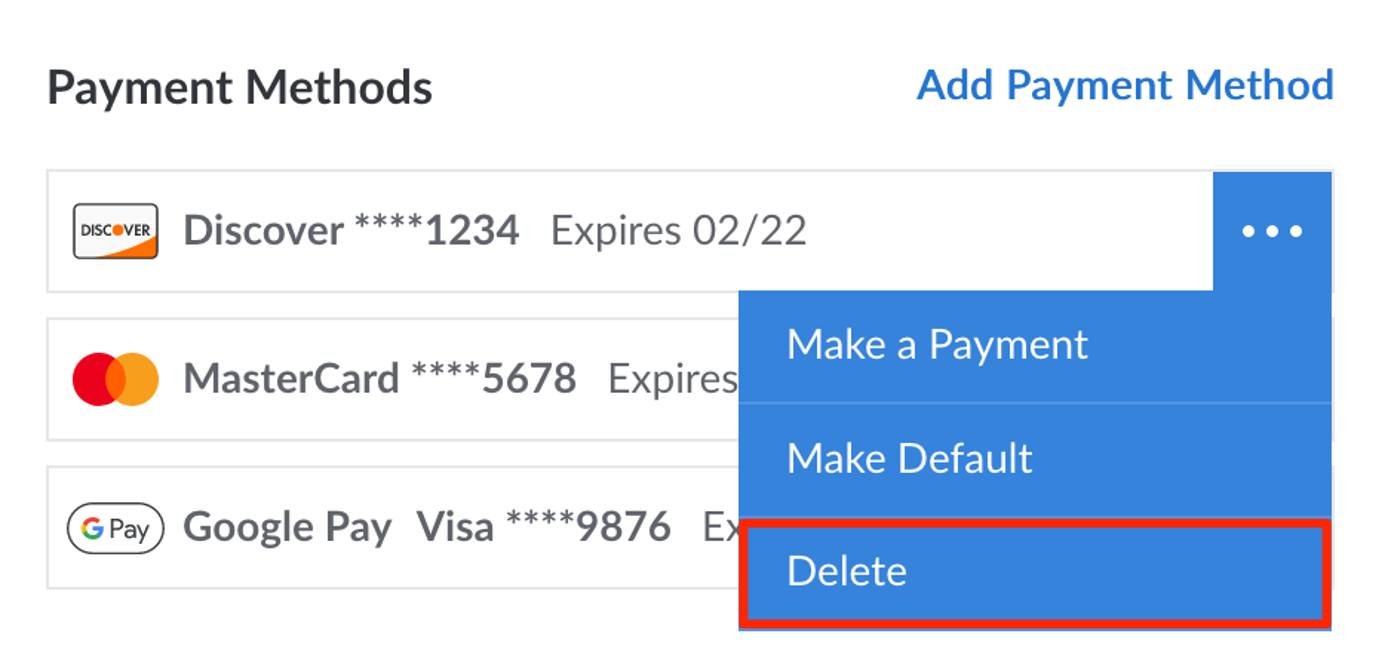 The Delete button within a payment method’s dropdown menu The Delete button within a payment method’s dropdown menu