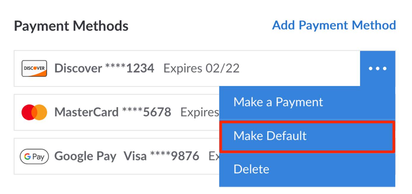 The Make Default button within a payment method’s dropdown menu The Make Default button within a payment method’s dropdown menu