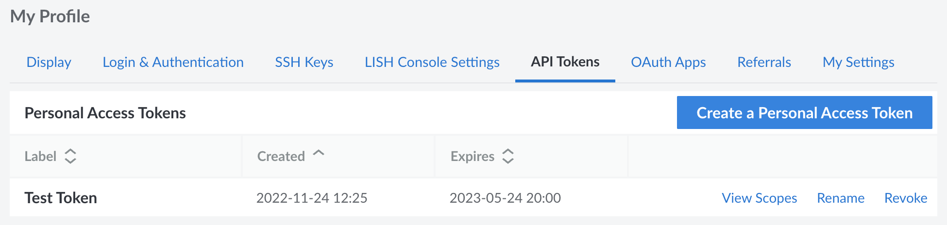Screenshot of personal access tokens in the Cloud Manager Screenshot of personal access tokens in the Cloud Manager
