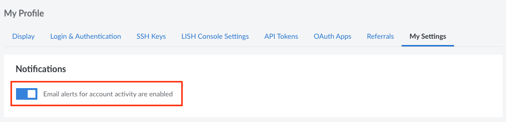 The email alerts toggle button The email alerts toggle button